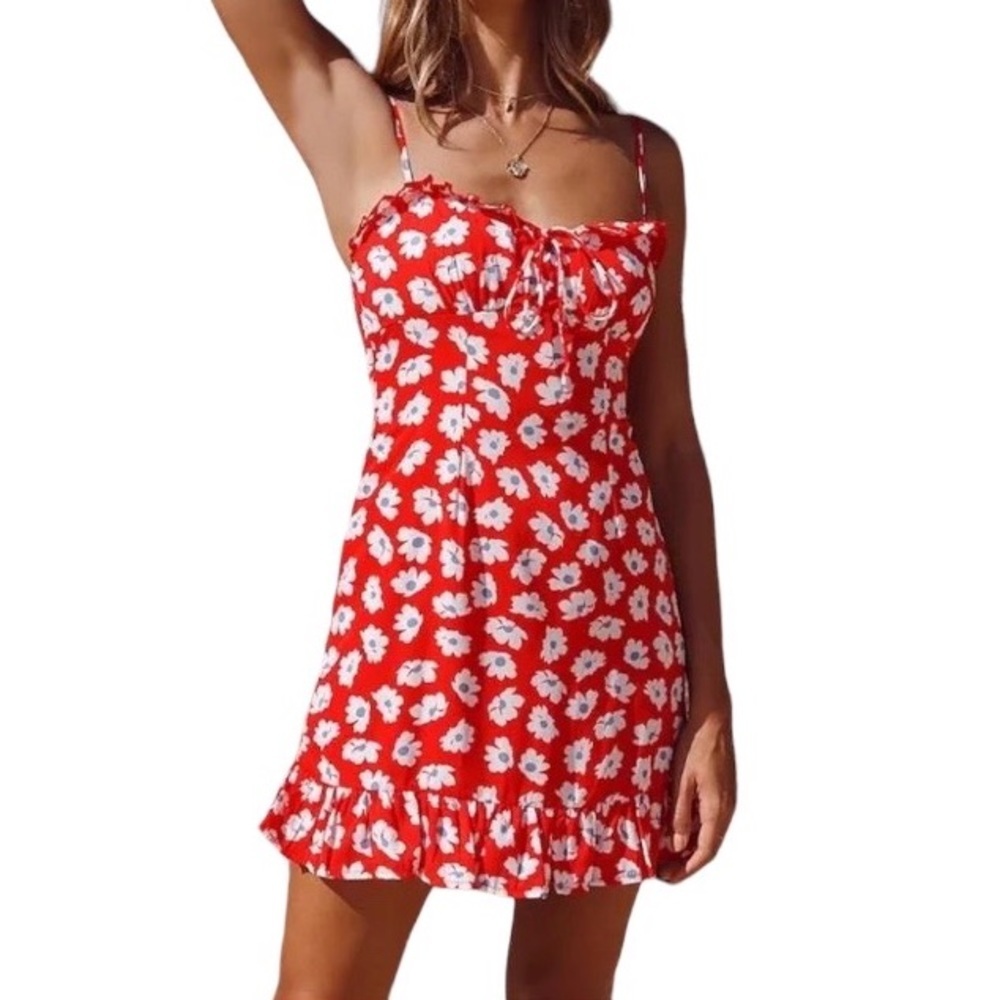 Rumor Red white floral print Spaghetti strap  mini dress ruffle hem.